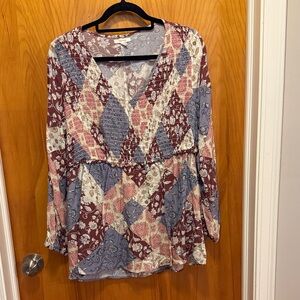 Maurices Patchwork V-Neck Blouse - Red, Blue, Cream